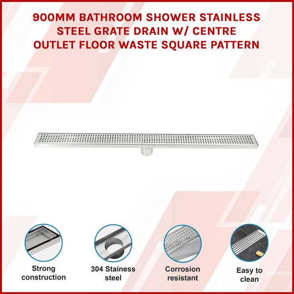 900Mm Bathroom Shower Stainless Steel Grate Drain W/Centre Outlet Floor Waste Square Pattern Drain Grates