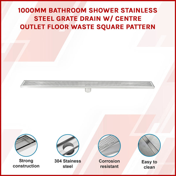 1000Mm Bathroom Shower Stainless Steel Grate Drain W/Centre Outlet Floor Waste Square Pattern Drain Grates