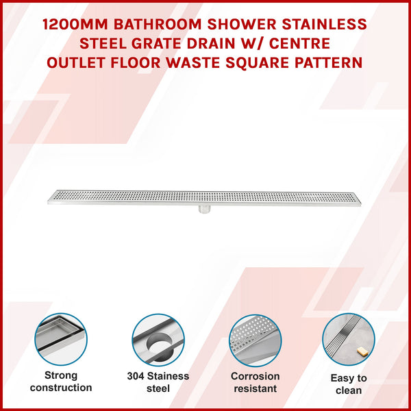 1200Mm Bathroom Shower Stainless Steel Grate Drain W/Centre Outlet Floor Waste Square Pattern Drain Grates