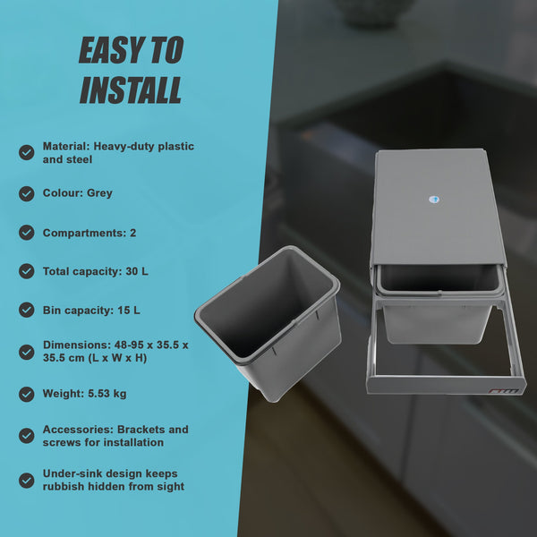 2X 15L Pull Out Trash Bin Dual Kitchen Garbage Waste Basket Cabinet Garbage Bags