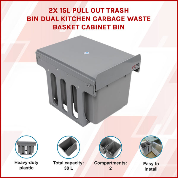 2X 15L Pull Out Trash Bin Dual Kitchen Garbage Waste Basket Cabinet Garbage Bags