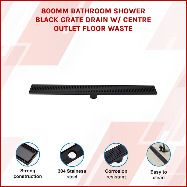 800Mm Bathroom Shower Black Grate Drain W/Centre Outlet Floor Waste Drain Grates
