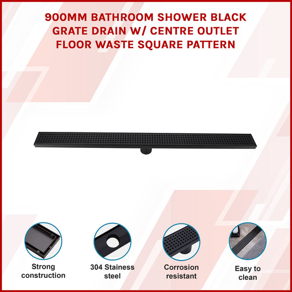 900Mm Bathroom Shower Black Grate Drain W/Centre Outlet Floor Waste Square Pattern Drain Grates