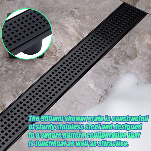 900Mm Bathroom Shower Black Grate Drain W/Centre Outlet Floor Waste Square Pattern Drain Grates