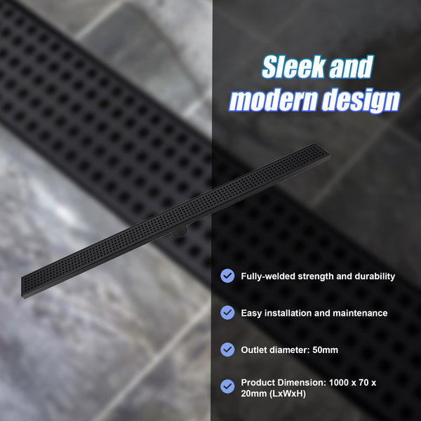 1000Mm Bathroom Shower Black Grate Drain W/Centre Outlet Floor Waste Square Pattern Drain Grates