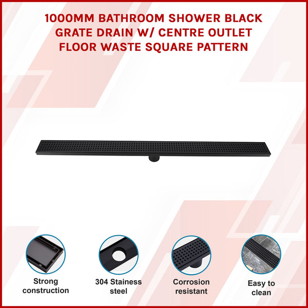 1000Mm Bathroom Shower Black Grate Drain W/Centre Outlet Floor Waste Square Pattern Drain Grates