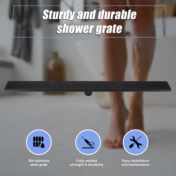 1000Mm Bathroom Shower Black Grate Drain W/Centre Outlet Floor Waste Square Pattern Drain Grates