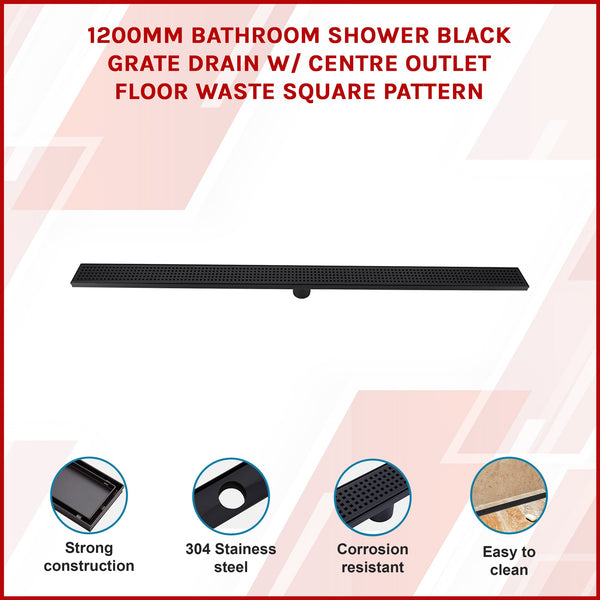 1200Mm Bathroom Shower Black Grate Drain W/Centre Outlet Floor Waste Square Pattern Drain Grates