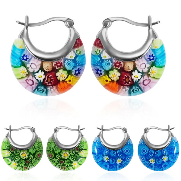 Flower Murano Style Millefiori Hoops Glass Floral Dangle Unique Prom Jewelry Gifts For Women Earrings