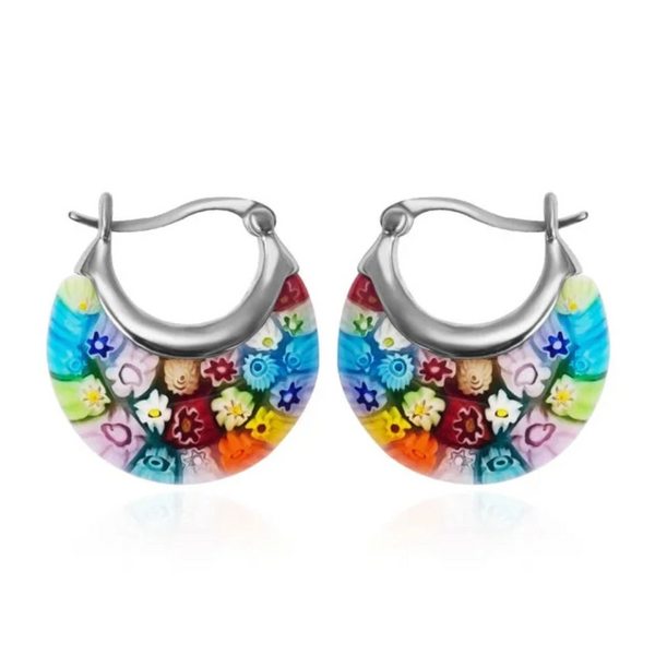Flower Murano Style Millefiori Hoops Glass Floral Dangle Unique Prom Jewelry Gifts For Women Earrings