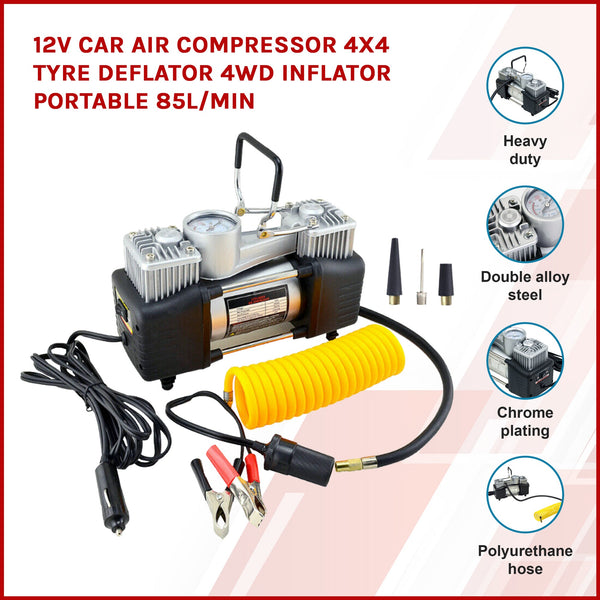 12V Car Air Compressor 4X4 Tyre Deflator 4Wd Inflator Portable 85L/Min Air Compressors
