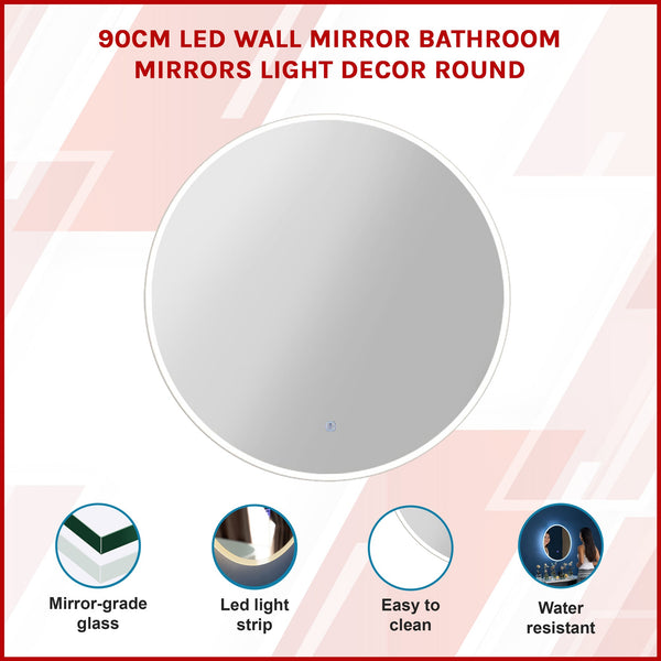 90Cm Led Wall Mirror Bathroom Light Decor Round Mirrors
