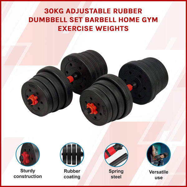30Kg Rubber Dumbbell Set Barbell Home Gym Exercise Weights Dumbbells