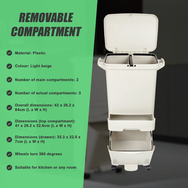 42L Rubbish Bin Waste Trash Can Pedal Recycling Kitchen Wheel Compartment Rubbish Bins