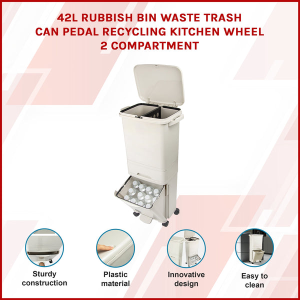 42L Rubbish Bin Waste Trash Can Pedal Recycling Kitchen Wheel Compartment Rubbish Bins