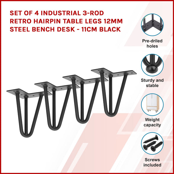 Set Of 4 Industrial 3 Rod Retro Hairpin Table Legs 12Mm Steel Bench Desk 11Cm Black Dining Table Legs