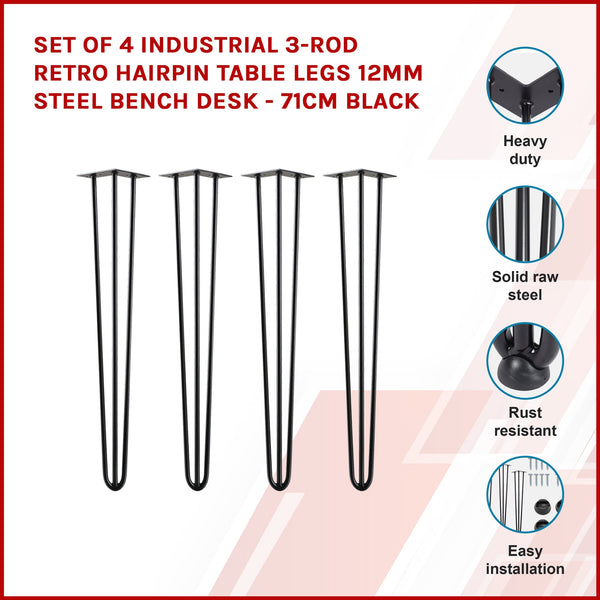 Set Of 4 Industrial 3 Rod Retro Hairpin Table Legs 12Mm Steel Bench Desk 71Cm Black Dining Table Legs