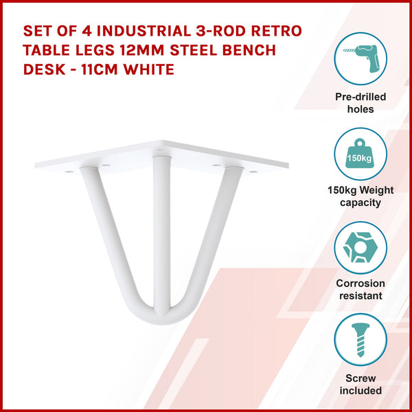 Set Of 4 Industrial 3 Rod Retro Table Legs 12Mm Steel Bench Desk 11Cm White Dining Table Legs
