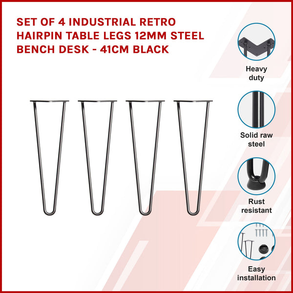 Set Of 4 Industrial Retro Hairpin Table Legs 12Mm Steel Bench Desk 41Cm Black Dining Table Legs