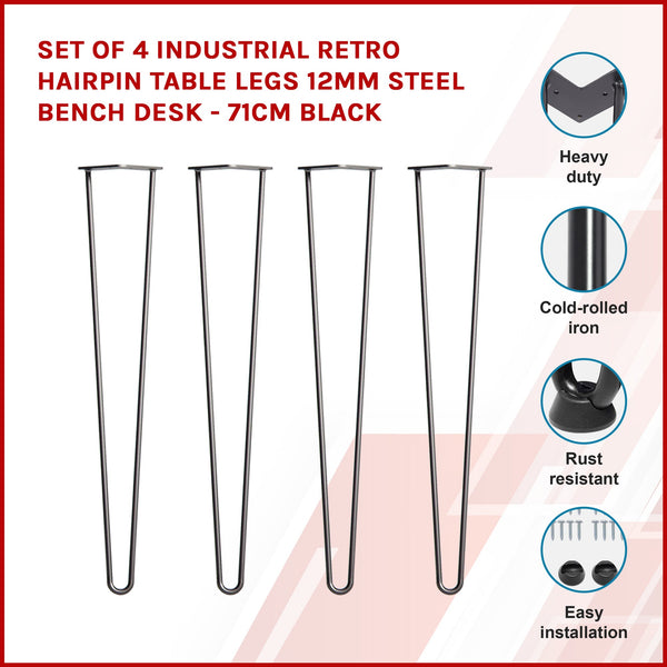 Set Of 4 Industrial Retro Hairpin Table Legs 12Mm Steel Bench Desk 71Cm Black Dining Table Legs