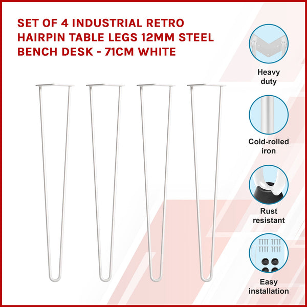 Set Of 4 Industrial Retro Hairpin Table Legs 12Mm Steel Bench Desk 71Cm White Dining Table Legs