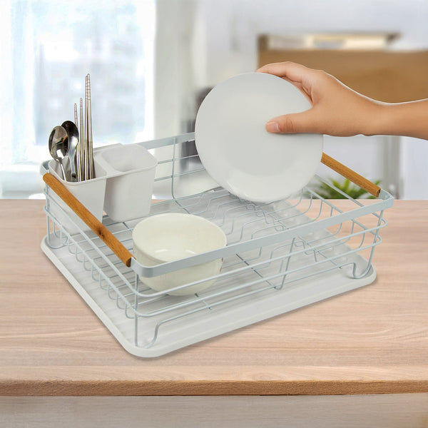 Metal Dish Drying Rack Drainboard Holder Tray Kitchen Plates Cutlery Wood Handle Racks & Holders