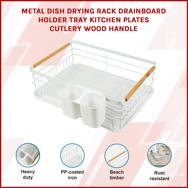 Metal Dish Drying Rack Drainboard Holder Tray Kitchen Plates Cutlery Wood Handle Racks & Holders