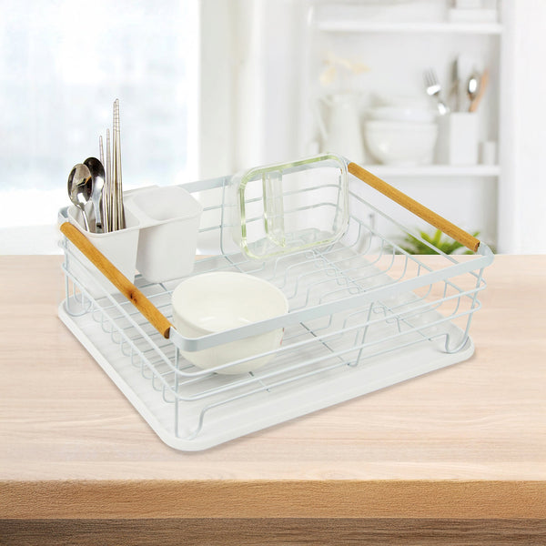 Metal Dish Drying Rack Drainboard Holder Tray Kitchen Plates Cutlery Wood Handle Racks & Holders