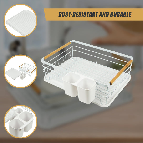 Metal Dish Drying Rack Drainboard Holder Tray Kitchen Plates Cutlery Wood Handle Racks & Holders