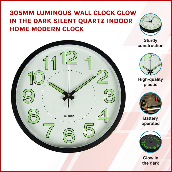 305Mm Luminous Wall Clock Glow In The Dark Silent Quartz Indoor Home Modern Wall Clocks
