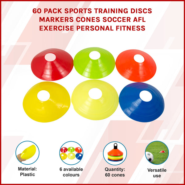 60 Pack Sports Training Discs Markers Cones Soccer Afl Exercise Personal Fitness Training Aids