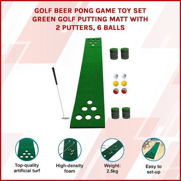 Golf Beer Pong Game Toy Set Green Putting Matt With 2 Putters 6 Balls Golf Balls