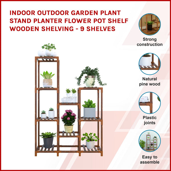 Indoor Outdoor Garden Plant Stand Planter Flower Pot Shelf Wooden Shelving 9 Shelves Plant Stands