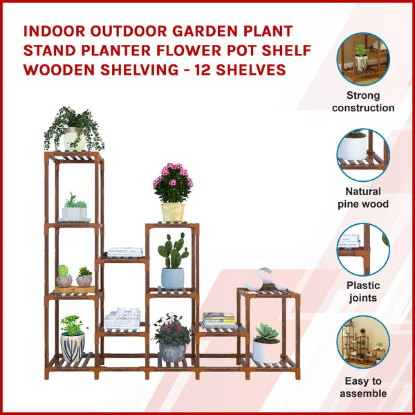 Indoor Outdoor Garden Plant Stand Planter Flower Pot Shelf Wooden Shelving 12 Shelves Grow Tents Dry Racks & Shelves