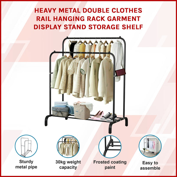 Heavy Metal Double Clothes Rail Hanging Rack Garment Display Stand Storage Shelf Garment Racks