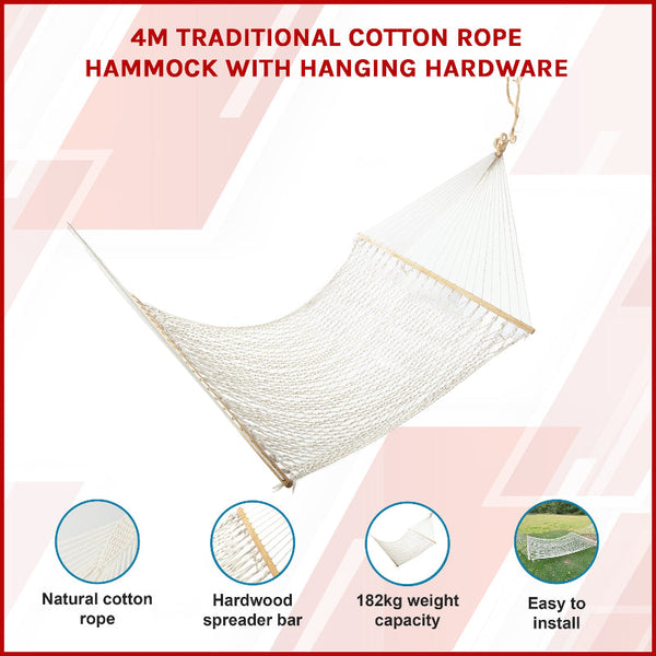 4M Traditional Cotton Rope Hammock With Hanging Hardware Hammocks