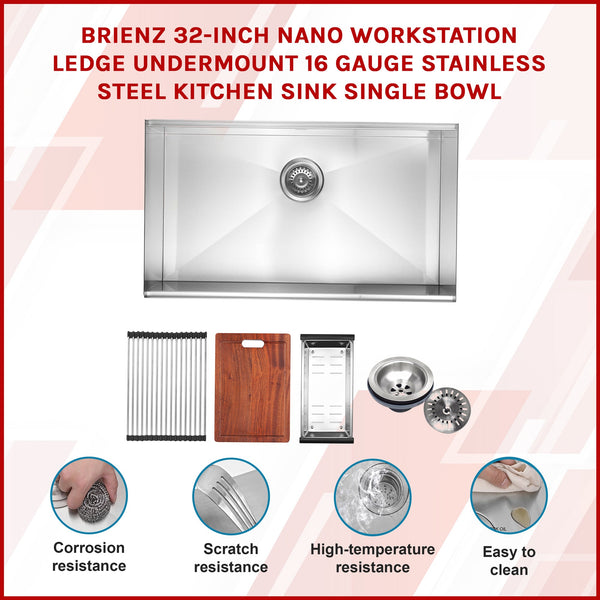 Brienz 32 Inch Nano Workstation Ledge Undermount 16 Gauge Stainless Steel Kitchen Sink Single Bowl Kitchen Sinks