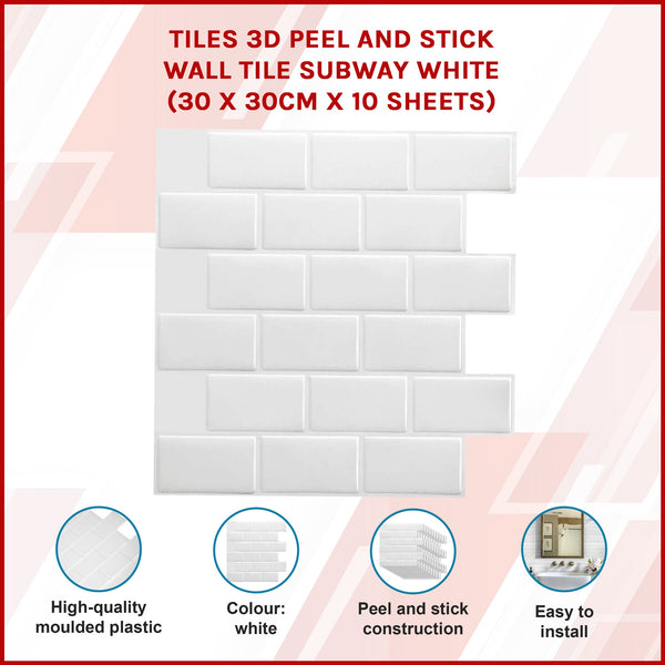 Tiles 3D Peel And Stick Wall Subway White (30 X 30Cm 10 Sheets) Floor & Wall Tiles