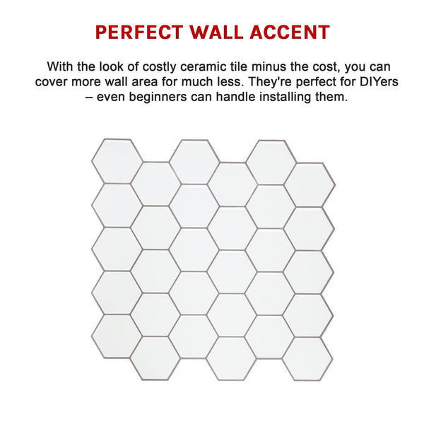 Tiles 3D Peel And Stick Wall Hexagon White (30Cm X 10 Sheets) Floor & Wall Tiles