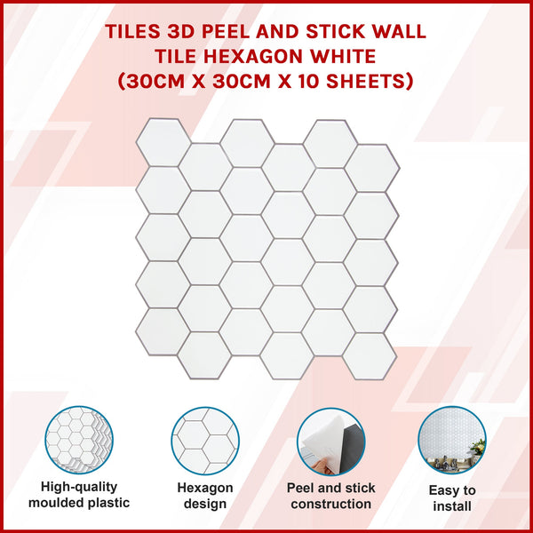 Tiles 3D Peel And Stick Wall Hexagon White (30Cm X 10 Sheets) Floor & Wall Tiles