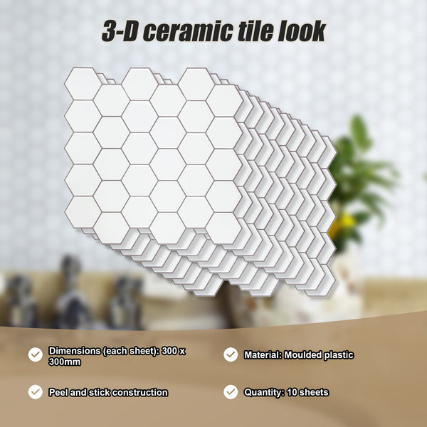 Tiles 3D Peel And Stick Wall Hexagon White (30Cm X 10 Sheets) Floor & Wall Tiles