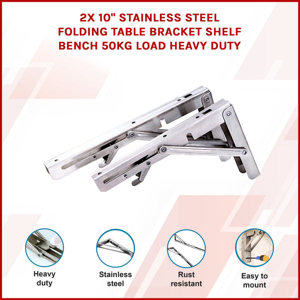 2X 10" Stainless Steel Folding Table Bracket Shelf Bench 50Kg Load Heavy Duty Other Building Materials