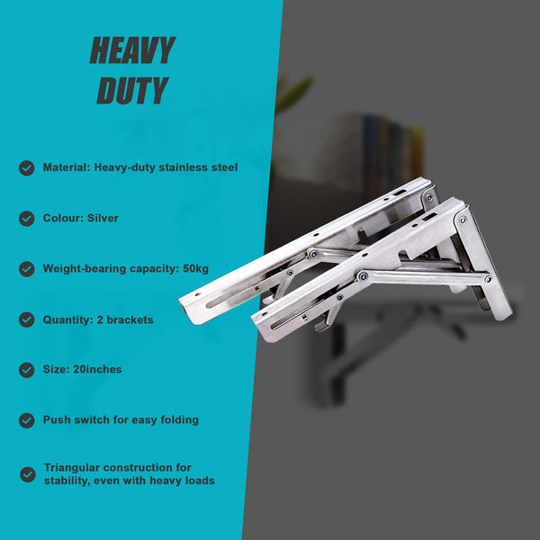 2X 20" Stainless Steel Folding Table Bracket Shelf Bench 50Kg Load Heavy Duty Other Building Materials