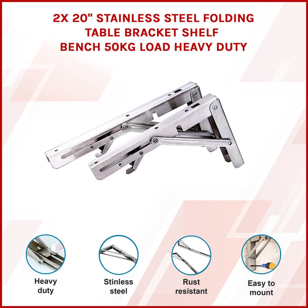 2X 20" Stainless Steel Folding Table Bracket Shelf Bench 50Kg Load Heavy Duty Other Building Materials