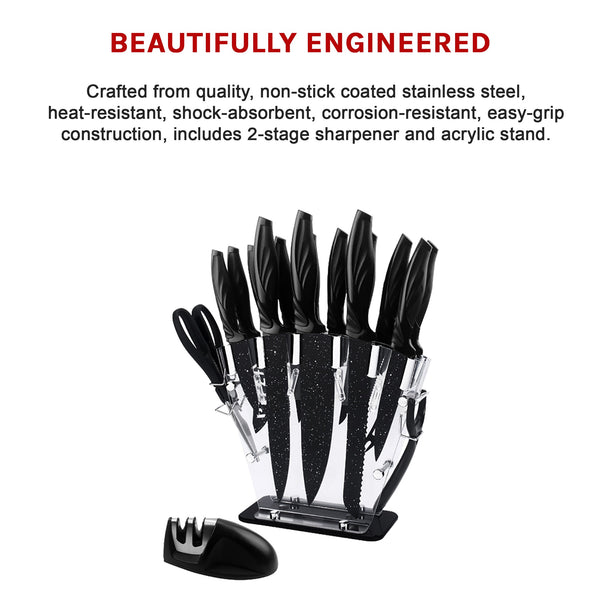 Kitchen 17 Pc Knife Set W/ Block & Sharpener Chef Bread Steak Knives