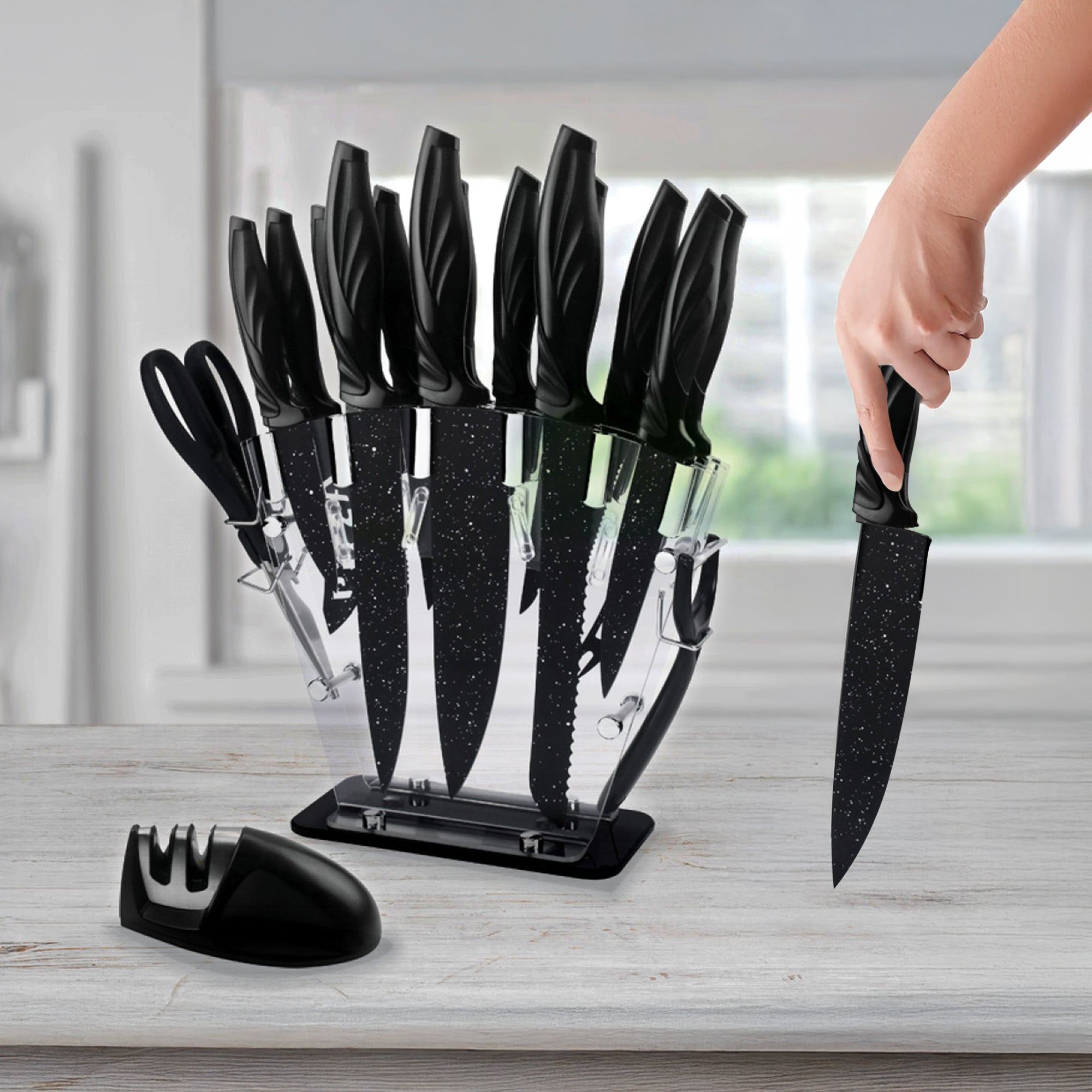 Kitchen 17 Pc Knife Set W/ Block & Sharpener Chef Bread Steak Knives