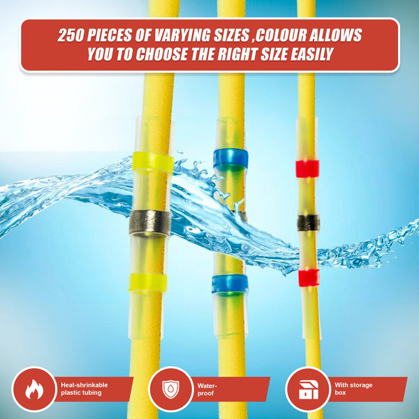 250Pcs Waterproof Solder Seal Sleeve Heat Shrink Butt Wire Connectors Terminals Heat Shrink Tubing