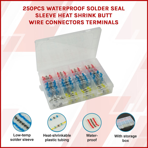 250Pcs Waterproof Solder Seal Sleeve Heat Shrink Butt Wire Connectors Terminals Heat Shrink Tubing