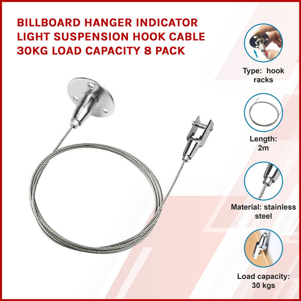 Billboard Hanger Indicator Light Suspension Hook Cable 30Kg Load Capacity 8 Pack Hooks & Eyes