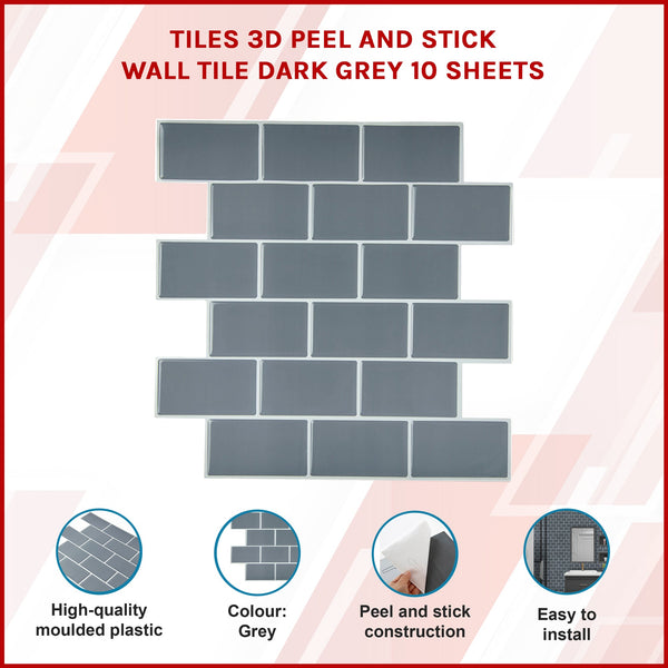 Tiles 3D Peel And Stick Wall Dark Grey 10 Sheets Floor & Wall Tiles